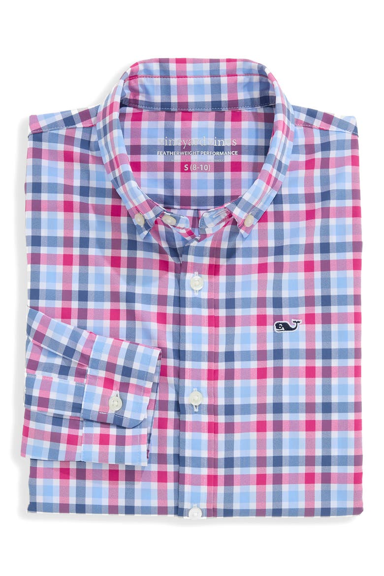 Kids' Performance Button-Down Shirt, Alternate, color, PINK BLUE