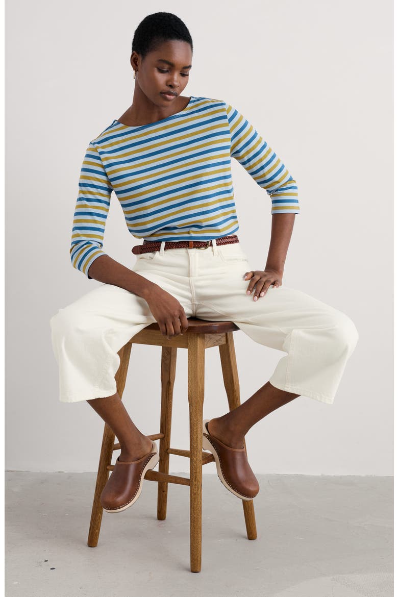 Sailor Stripe Three Quarter Sleeve Organic Cotton T-Shirt, Alternate, color, DUET MINI CORNISH PEAR