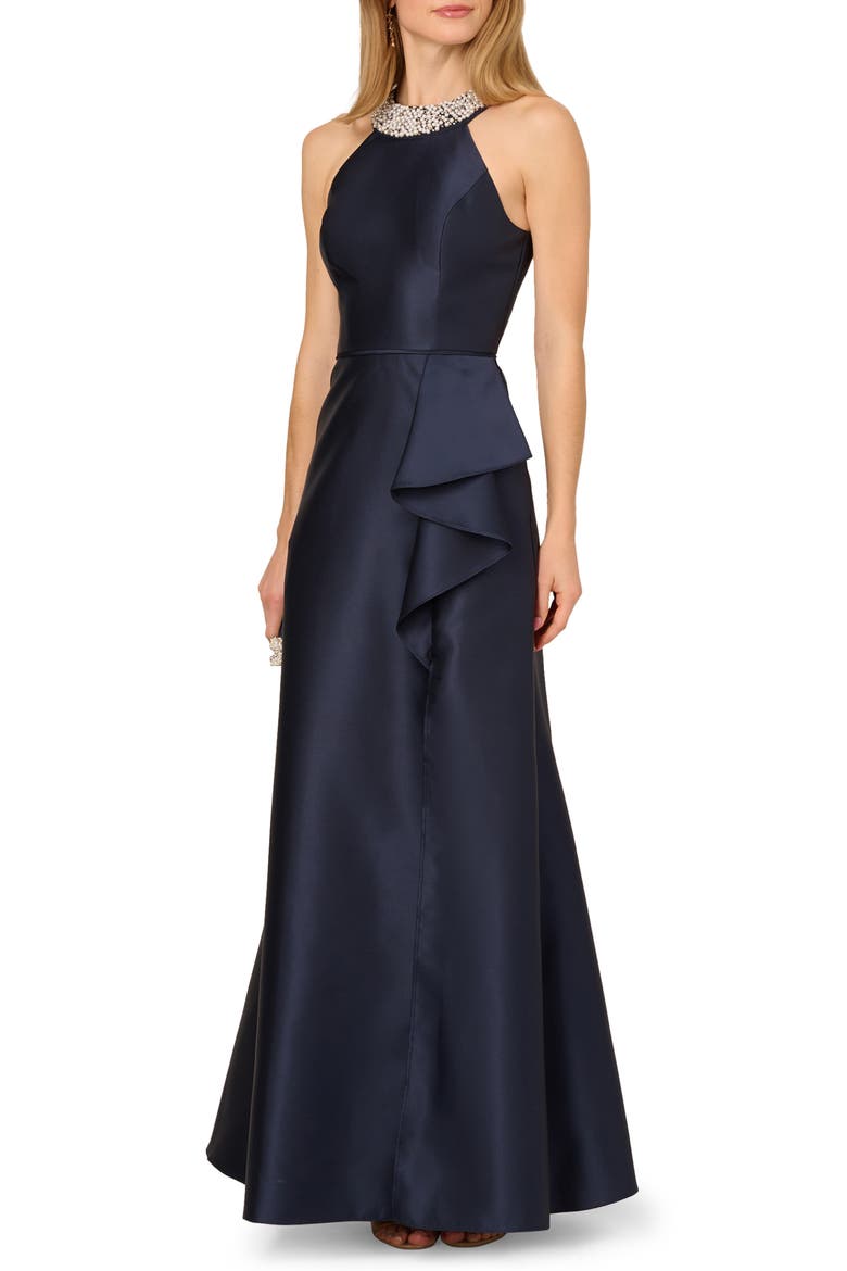 Embellished Neck Mikado Gown, Alternate, color, MIDNIGHT