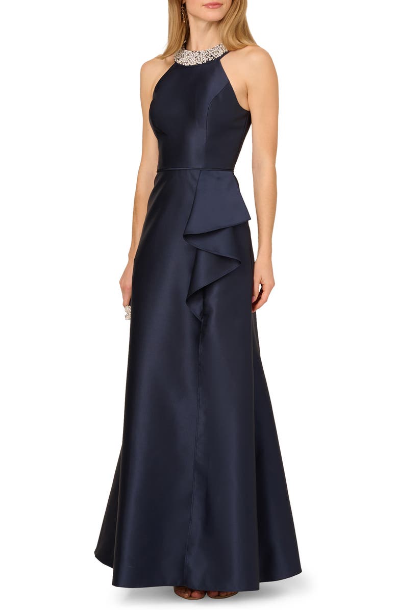 Adrianna Papell Embellished Neck Mikado Gown, Alternate, color,