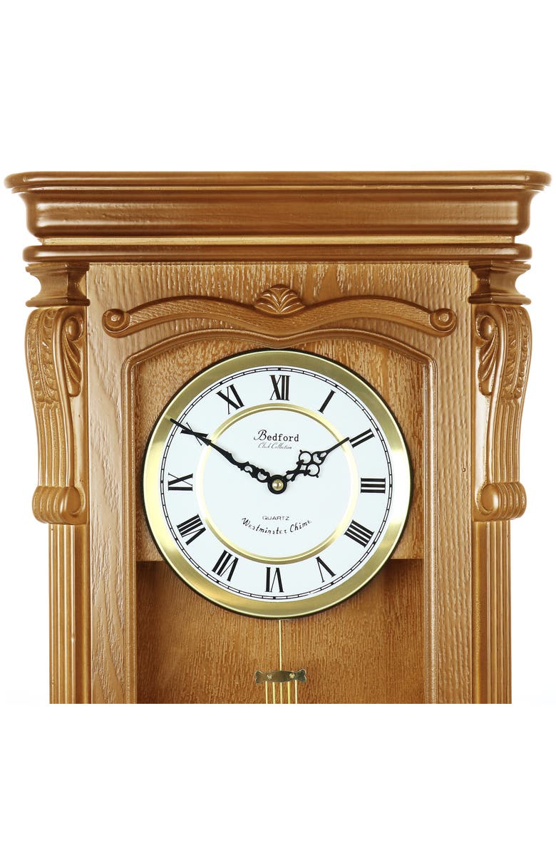 Bedford Clock Collection Rectangular Chiming Pendulum Wall Clock, Alternate, color, Golden Oak