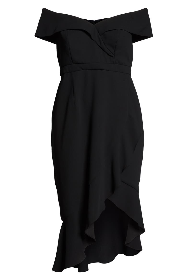 Xscape Off the Shoulder Ruffle Midi Dress, Alternate, color, BLACK