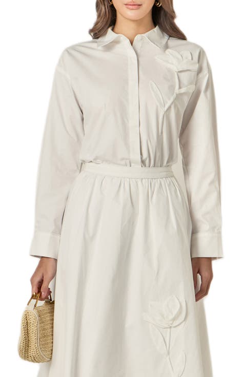 Appliqué Long Sleeve Cotton Shirtdress