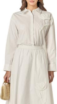 English Factory Appliqué Long Sleeve Cotton Shirtdress