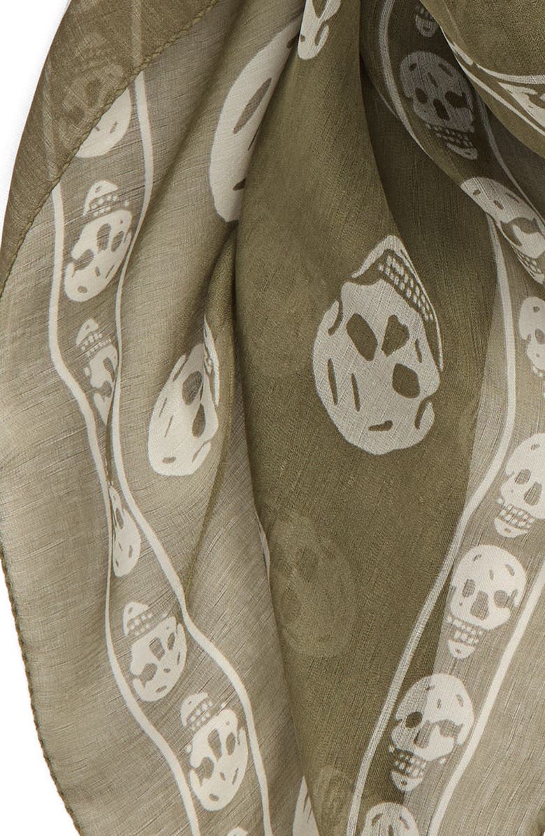 McQueen Skull Print Silk Scarf, Alternate, color, Olive