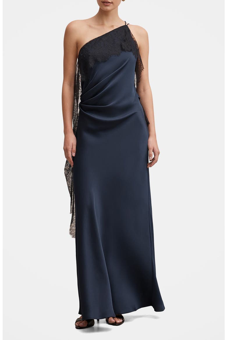 Sylvie Asymmetric Satin Gown, Main, color, NAVY