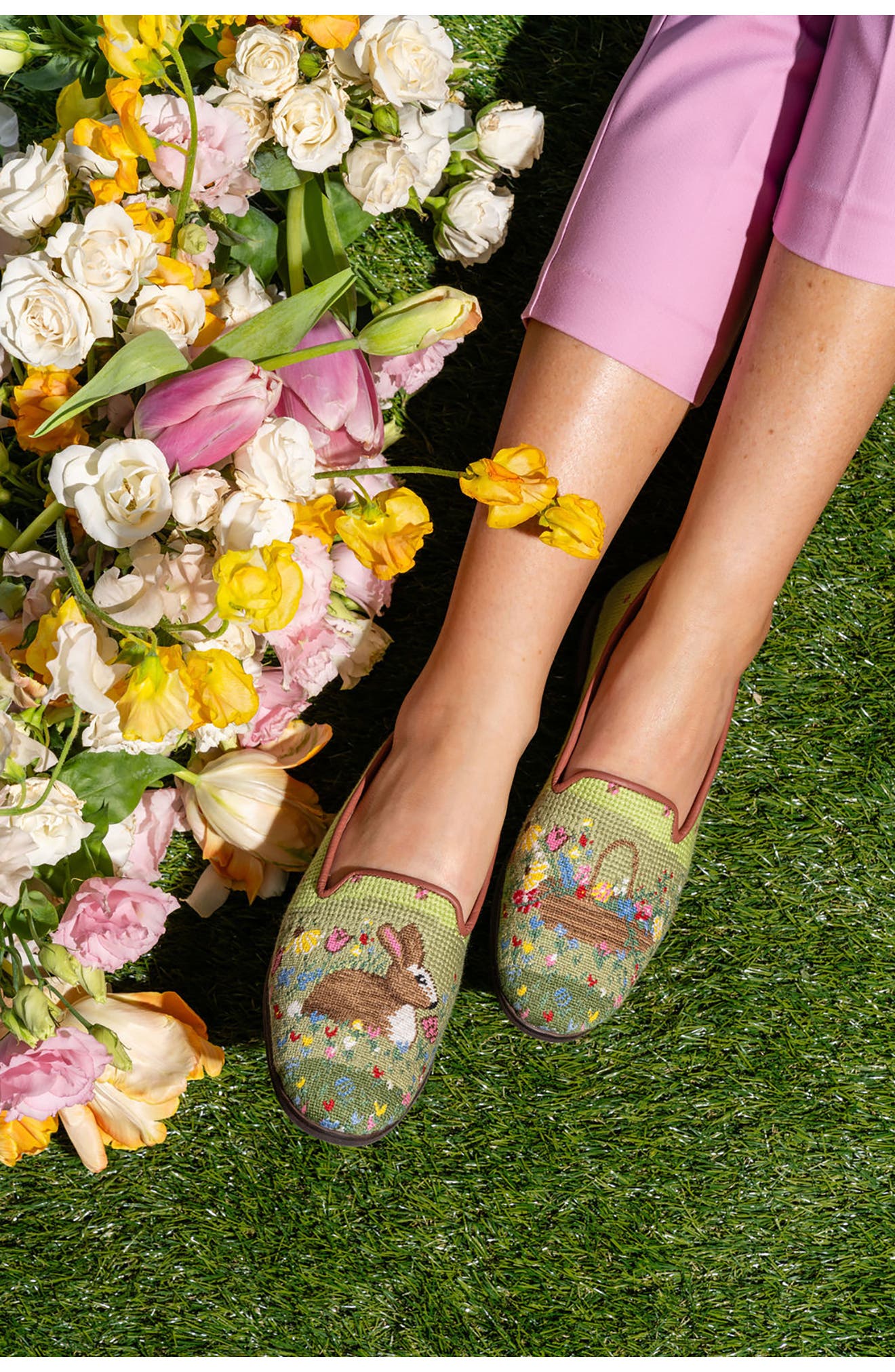 ByPaige Needlepoint Rabbit Flat, Alternate, color, Green Multi Floral