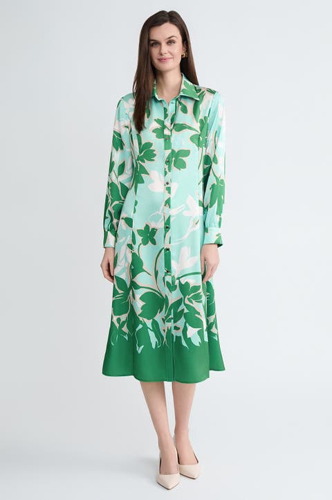 Floral Printed Crepe de Chine Maxi Shirt Dress