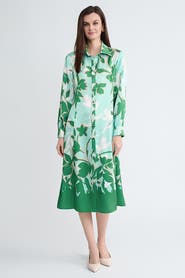 Ming Wang Floral Printed Crepe de Chine Maxi Shirt Dress