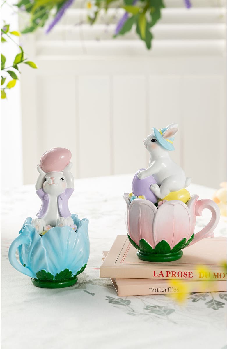 Glitzhome Set of 2 Easter Resin Bunny on Tulip Mug Table Decor, Alternate, color, White