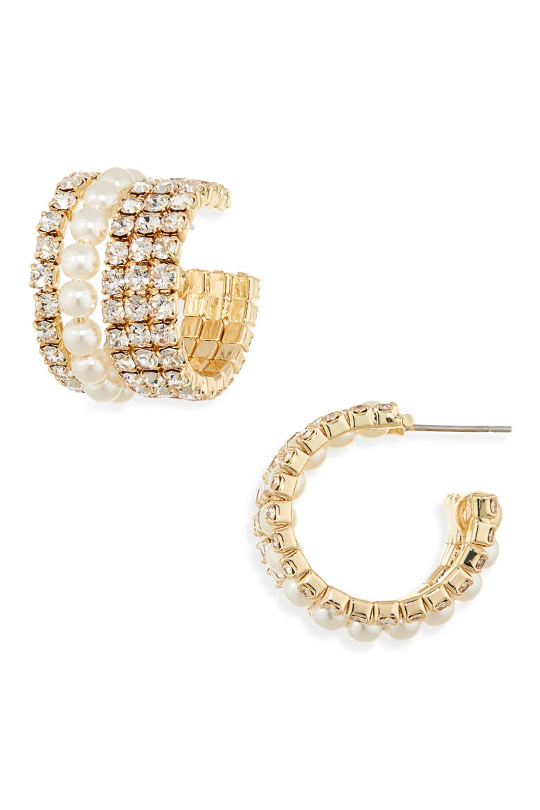Crystal & Faux Pearl Huggie Hoop Earrings, Main, color, GOLD/ CRYSTAL