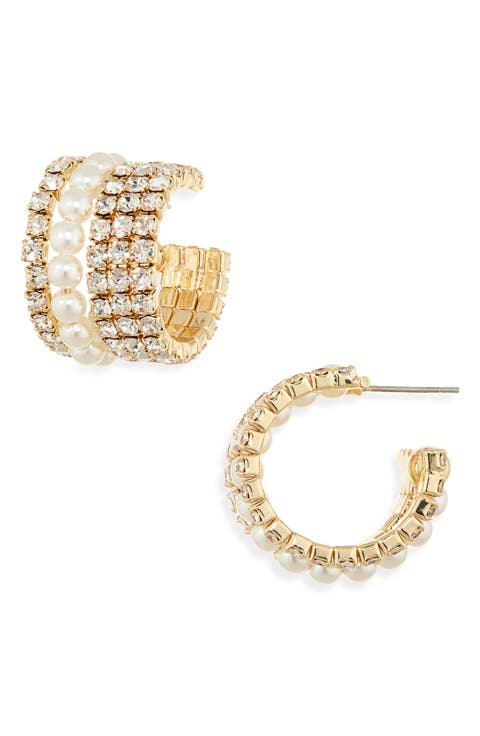 Crystal & Faux Pearl Huggie Hoop Earrings