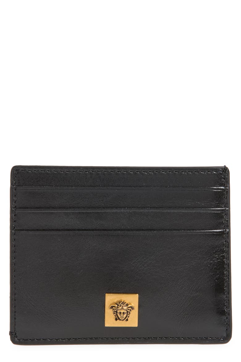 Flat Leather Card Case, Main, color, BLACK GOLD