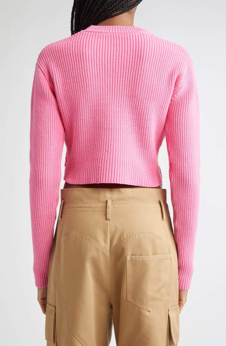 Area Crystal Flower & Crochet Heart Appliqué Crop Rib Sweater, Alternate, color, Fuchsia