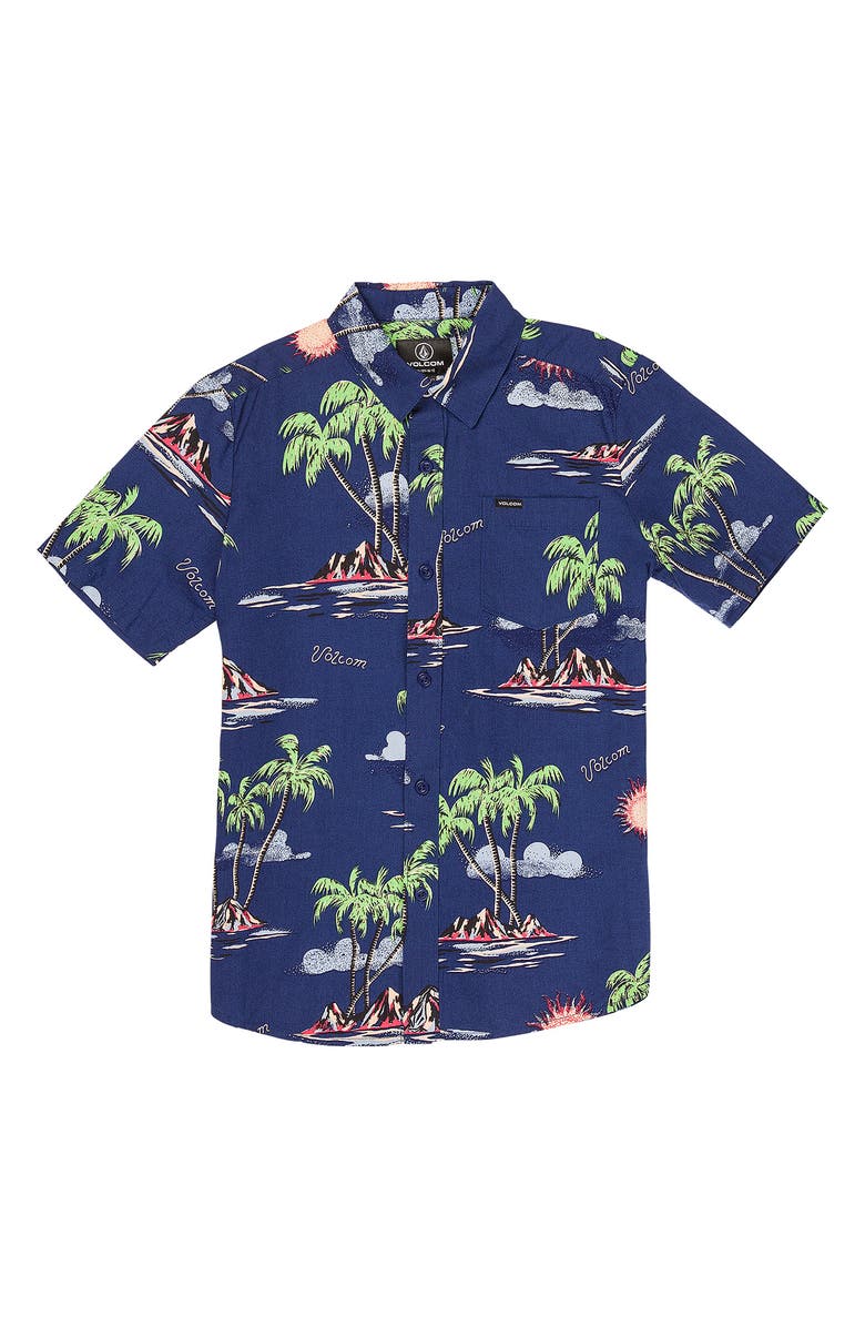 Volcom Kids' Isle Hoppa Print Button-Up Shirt, Main, color, 