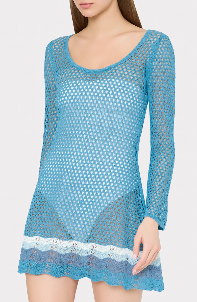 Milly Crochet Long Sleeve Cover-Up Minidress, Alternate, color, Blue Multi