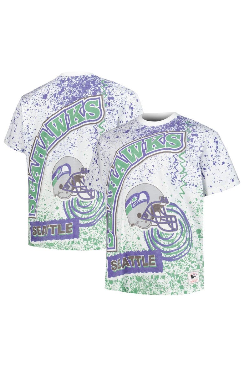 Men's Mitchell & Ness White Seattle Seahawks Big & Tall Allover Print T-Shirt, Main, color, White