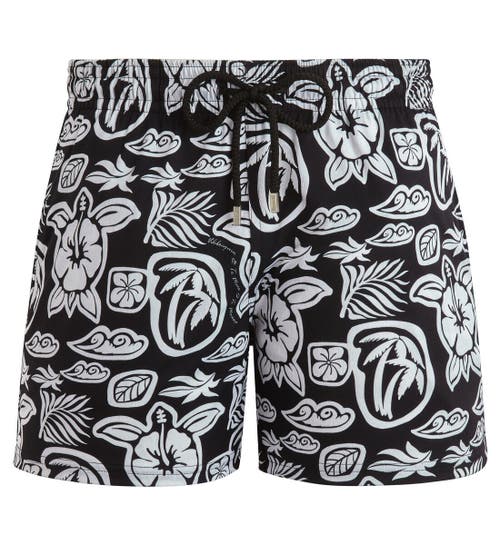 Vilebrequin Stretch Polyester Swimming Shorts With Tahiti Turtles Pattern In Noir