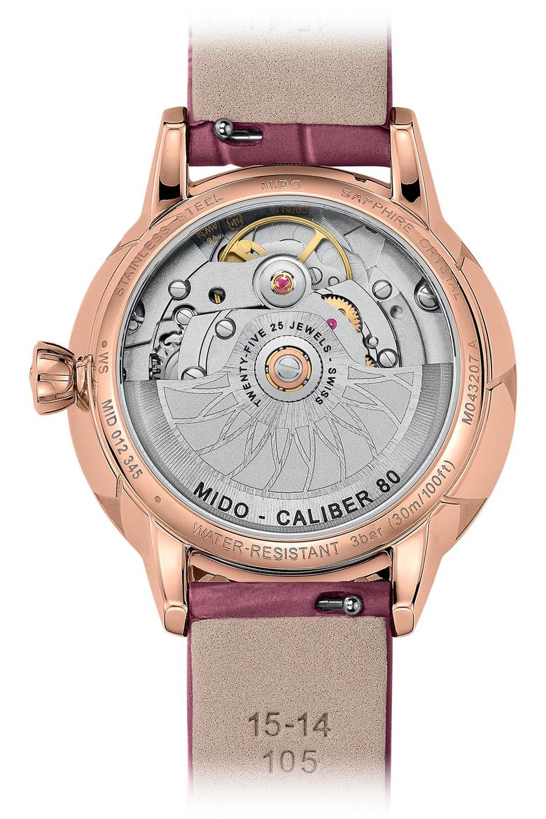 Rainflower Diamond Night Mode Automatic Leather Strap Watch, 34mm, Alternate, color, WHITE MOTHER OF PEARL