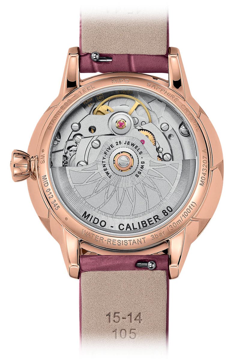 MIDO Rainflower Diamond Night Mode Automatic Leather Strap Watch, 34mm, Alternate, color, White Mother Of Pearl