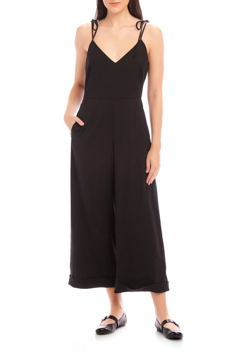 FIFTEEN TWENTY Dana Tie Strap Wide Leg Crop Linen Blend Jumpsuit, Main, color, Black