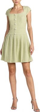 Mac Duggal Boucle Cap Sleeve Pleated Skirt Mini Dress