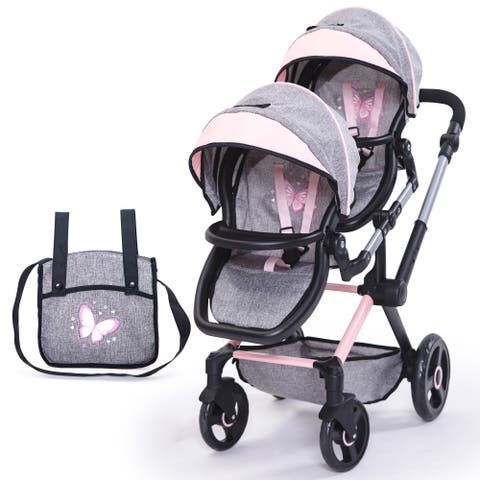 Xeo Twin Pram Butterfly Grey & Pink Matching Handbag, Dolls 20 Inches