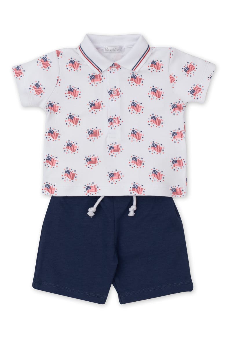 USA Flag Print Pima Cotton Polo & Shorts Set, Main, color, BLUE MULTI
