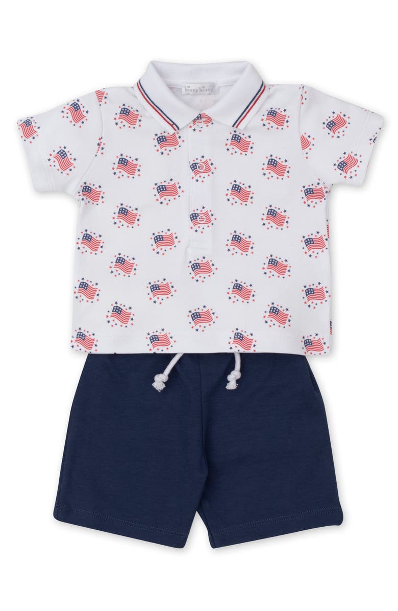 Kissy Kissy USA Flag Print Pima Cotton Polo & Shorts Set, Main, color, 