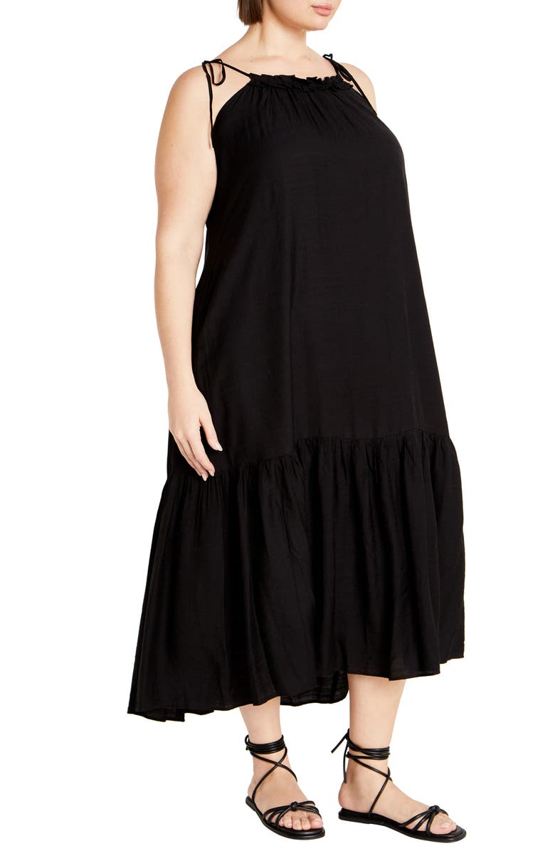 City Chic Erica Tiered Tie Strap High-Low Dress, Alternate, color, Black