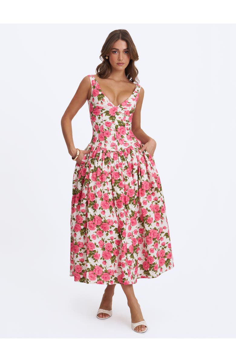 Miss Circle Wilfreda Blooming Floral Linen Sweetheart Midi Dress, Alternate, color, Pink