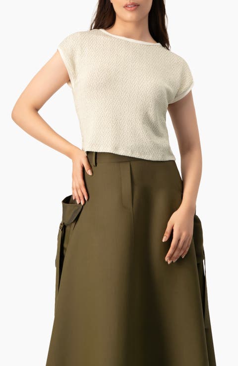 Textured Cap Sleeve Boat Neck Knit Cropped Top