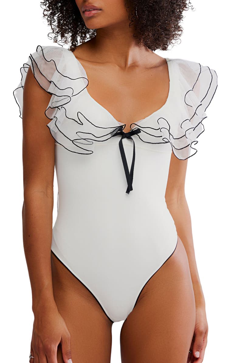Free People Sugar Rush Ruffle Trim Bodysuit, Alternate, color, Ivory