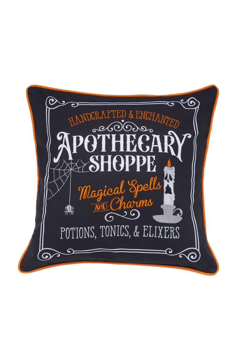 "Apothecary Shoppe" Cotton Blend Halloween Accent Throw Pillow 18" x 18", Main, color, Black