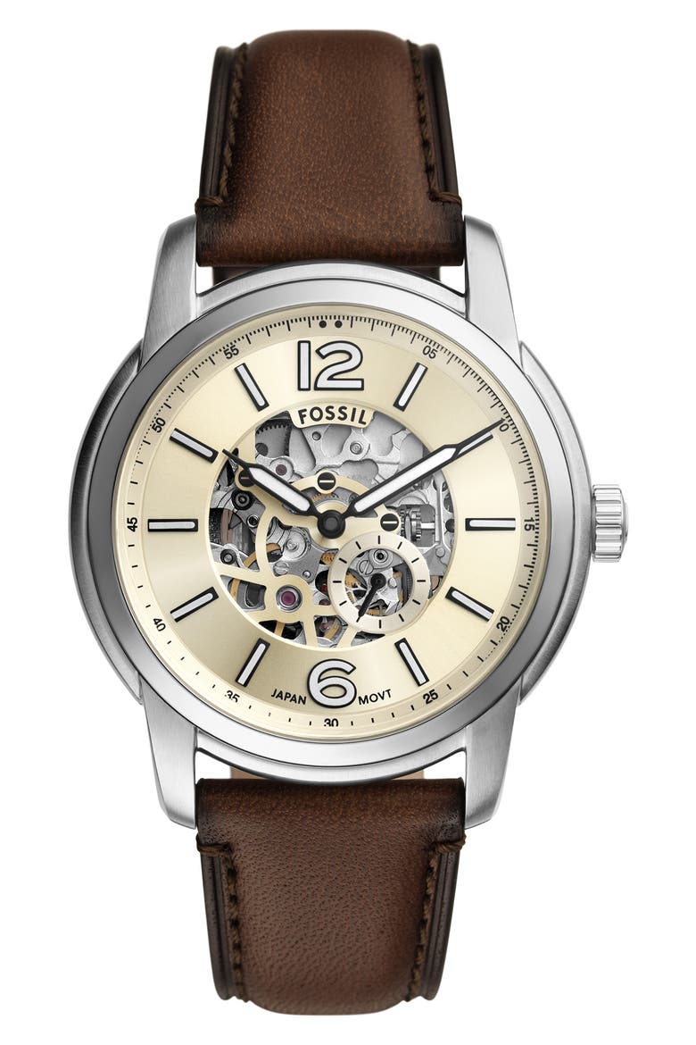 Heritage Automatic Leather Strap Watch, 43mm, Main, color, BROWN
