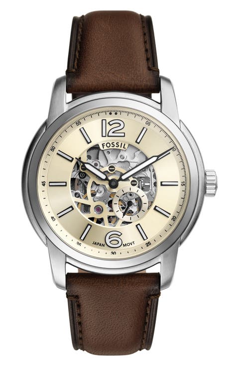 Heritage Automatic Leather Strap Watch, 43mm