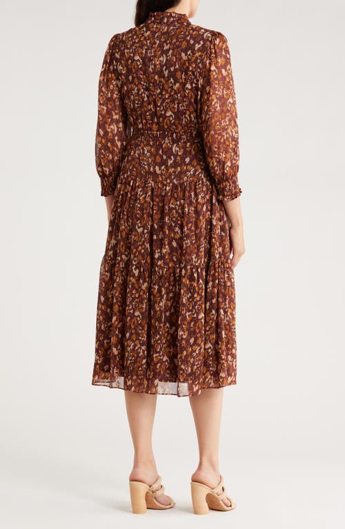 Vince Camuto Ruffle Long Sleeve Fit & Flare Chiffon Midi Dress In Brown
