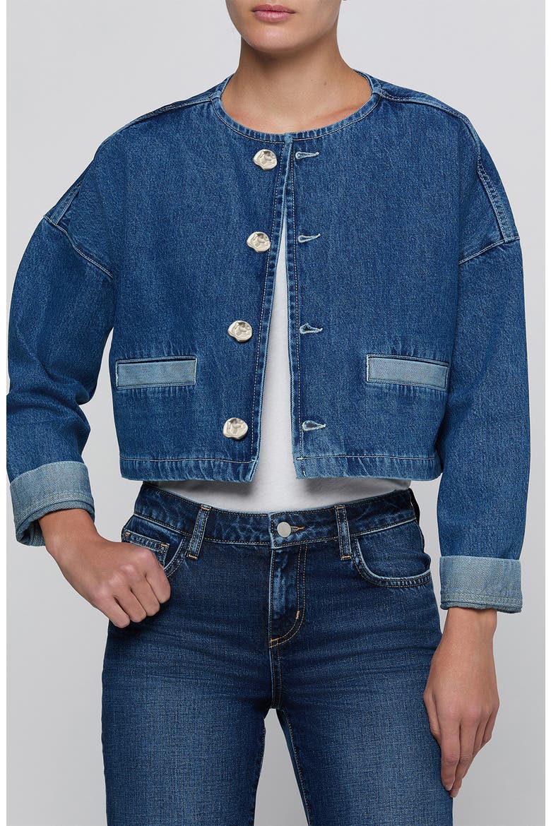 Verona Collarless Cropped Denim Jacket, Main, color, GOLETA
