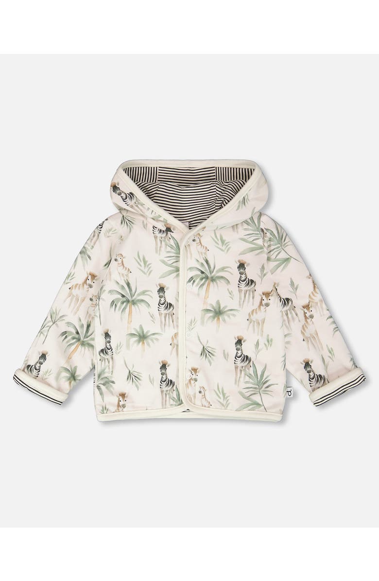 Deux par Deux Organic Cotton Jersey Reversible Hooded Zebra Print Jacket, Main, color, Beige Zebra Print