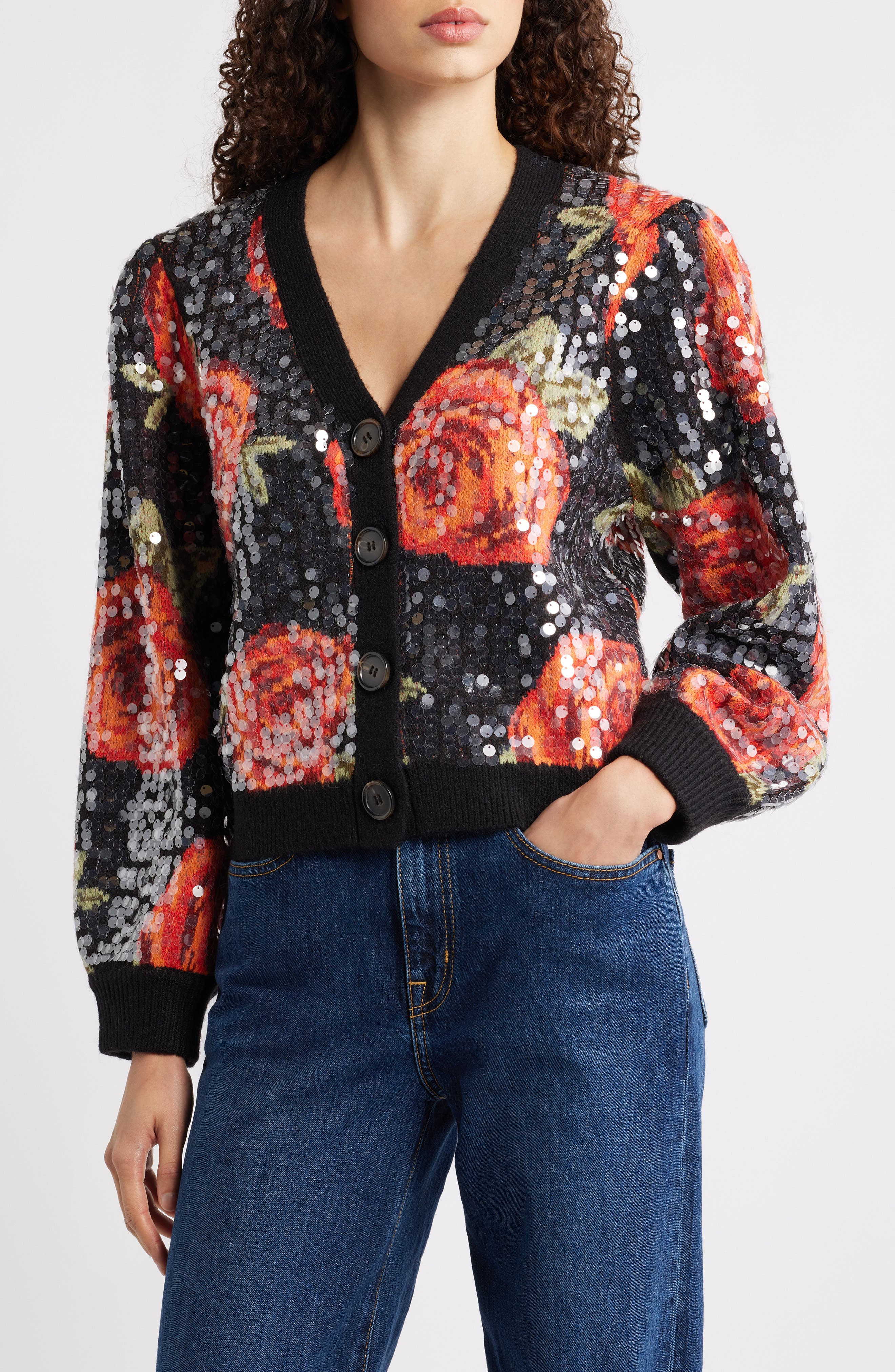 FARM Rio Latin Roses Sequin Knit Cardigan