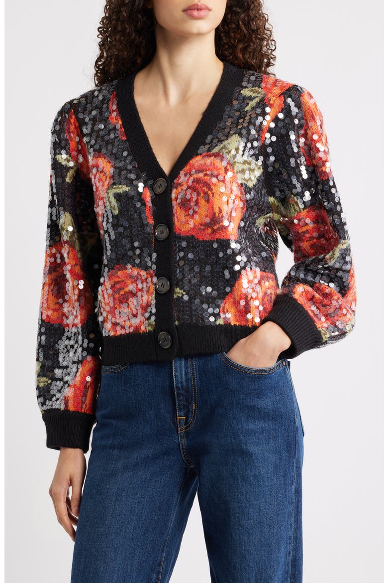 Latin Roses Sequin Knit Cardigan, Main, color, BLACK