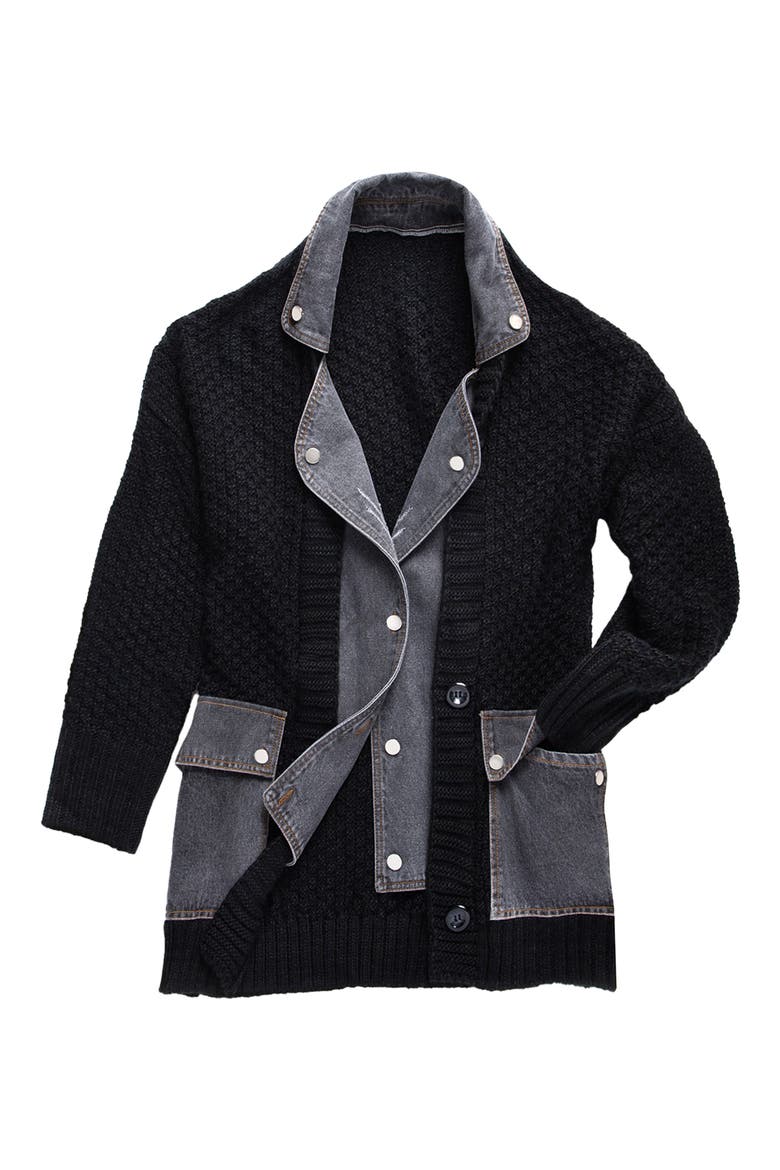 Mixed Media Denim Knit Cardigan, Alternate, color, BLACK