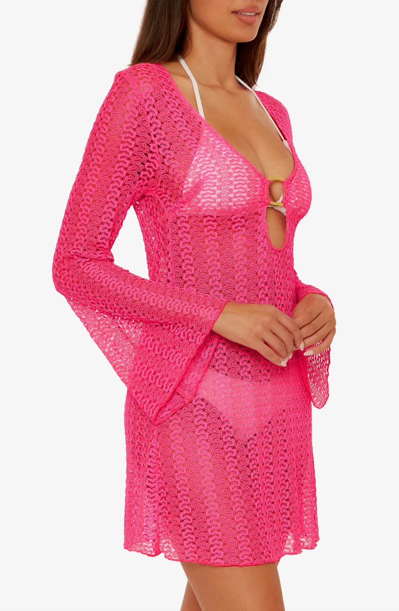 Becca Golden Beach Long Sleeve Lace Cover-Up Tunic, Alternate, color, Punch