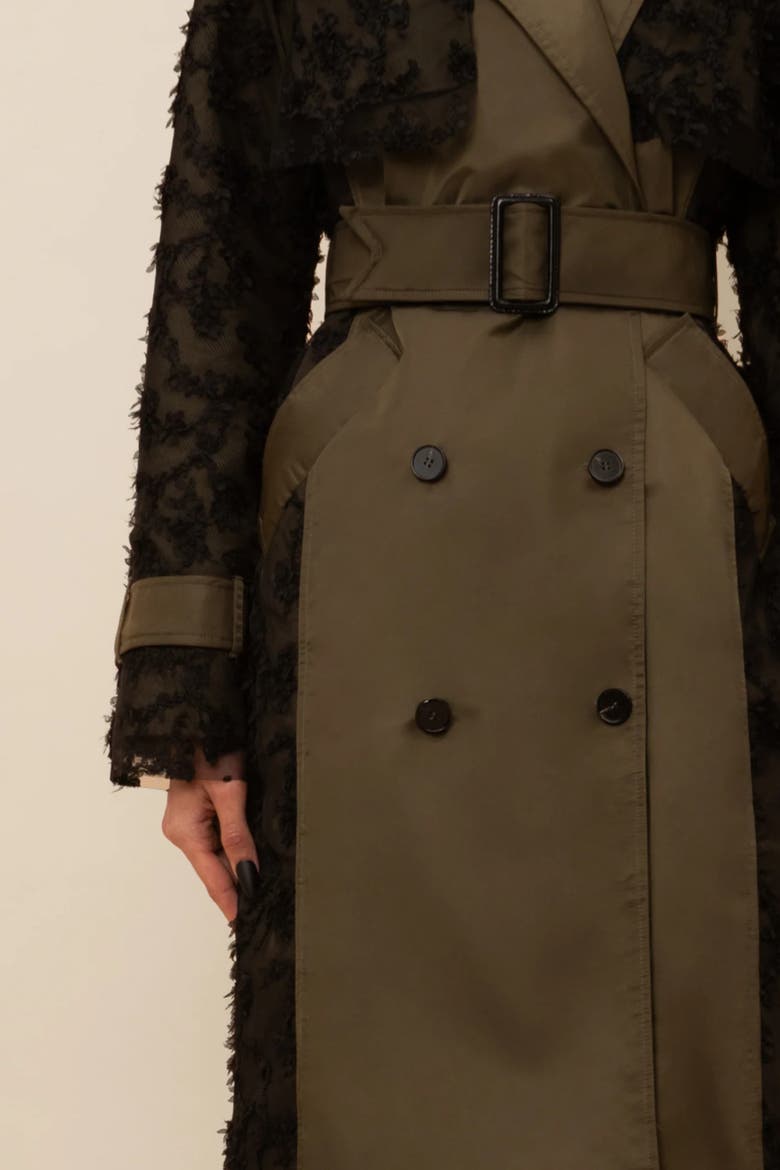 Claw Lace-Trimmed Elegant Cinched Trench Coat, Alternate, color, Black