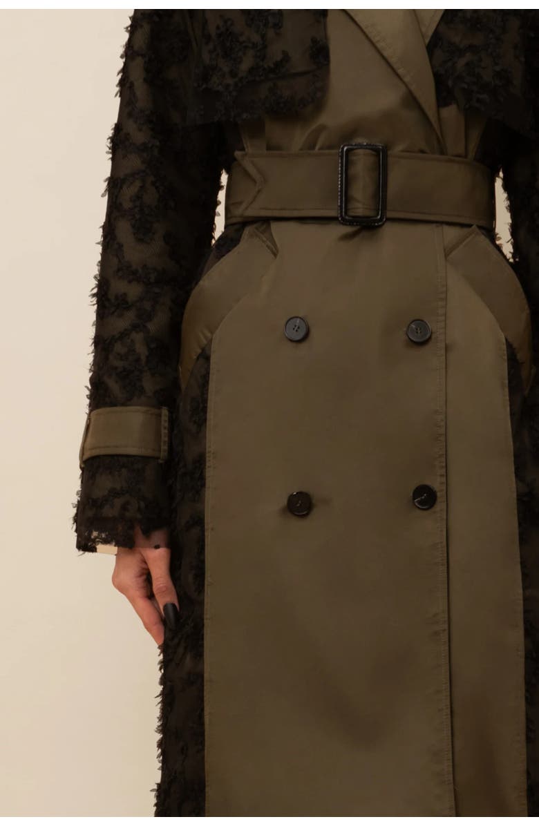 Contessa Mills Claw Lace-Trimmed Elegant Cinched Trench Coat, Alternate, color, Black