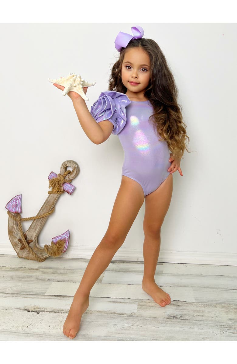 Mia Belle Girls Blooming Rose Sleeve Metallic One Piece Swimsuit, Alternate, color, Purple