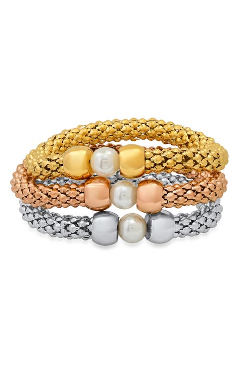 Tri-Tone Stainless Steel Stacking Bracelet Set