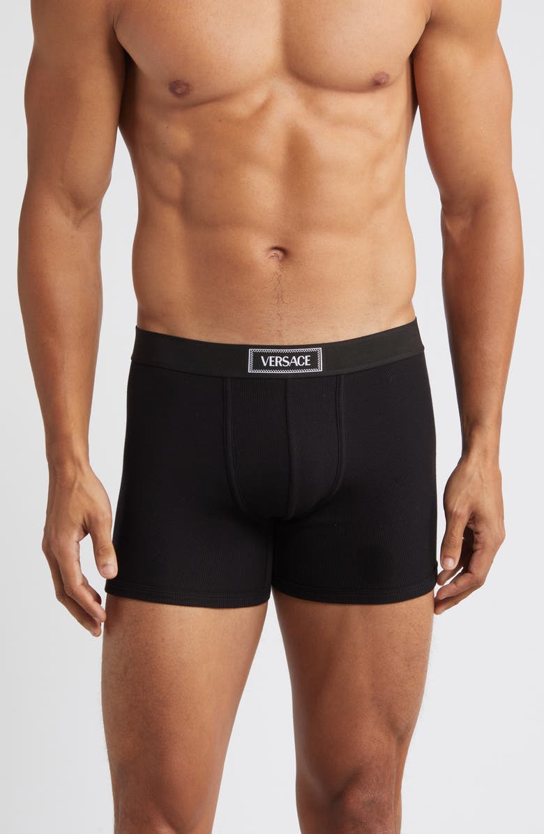 Versace '90s Logo Cotton Rib Trunks, Main, color, Black