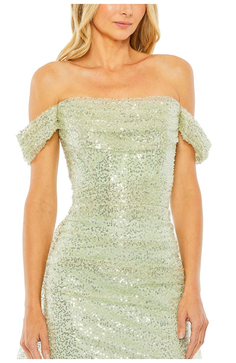 Mac Duggal Off the Shoulder Sequin Panel Train Gown, Alternate, color, Sage