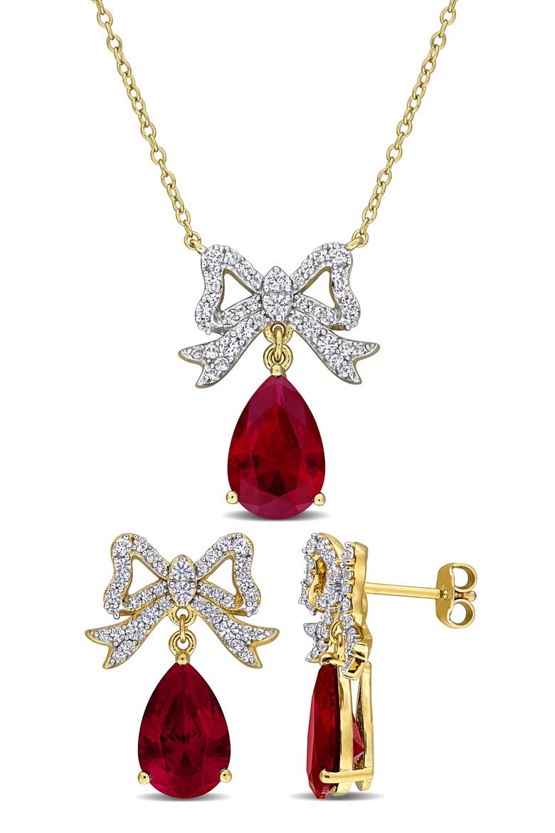 Lab Created Ruby & White Sapphire Bow Pendant Necklace & Stud Earrings Set, Main, color, RED